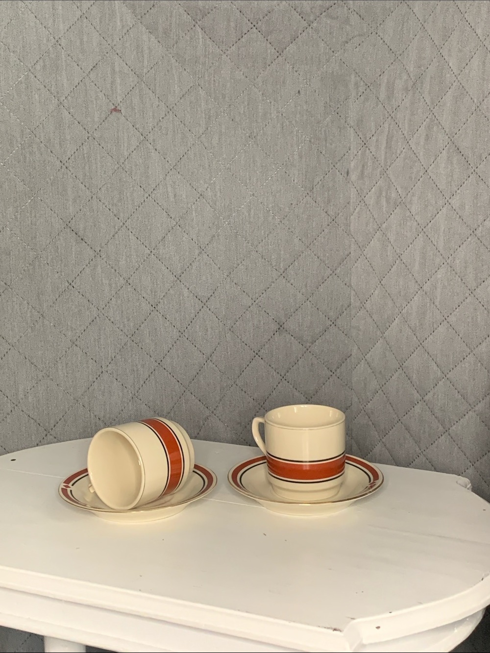 #154 Vintage Cream & Orange Stripe Ceramic Cup & Saucer Set